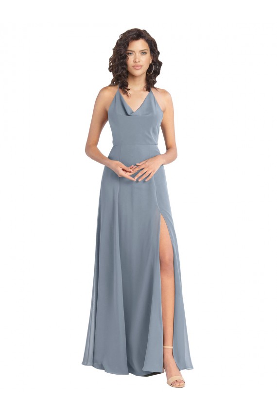 Staubiges Blau A-Linien Neckholder Haube Ausschnitt Chiffon Lange Brautjungfernkleider Lieferanten