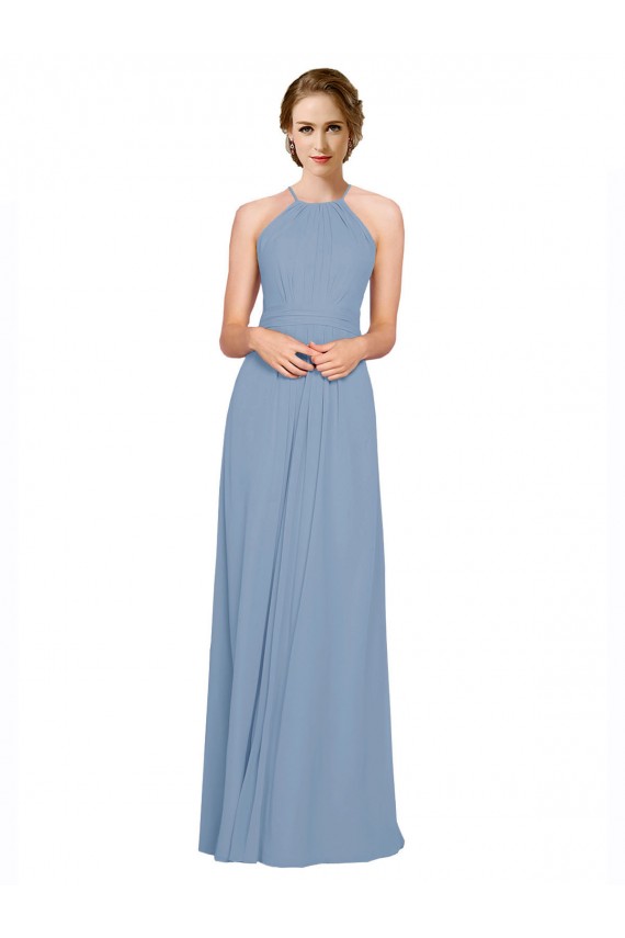 Staubiges Blau A-Linien Neckholder Stehkragen Ausschnitt Chiffon Lange Brautjungfernkleider Lieferanten