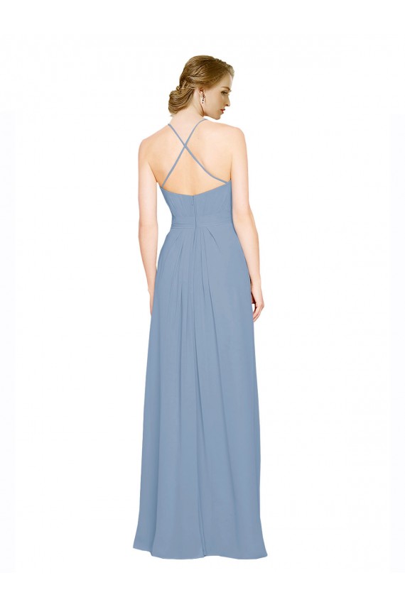 Staubiges Blau A-Linien Neckholder Stehkragen Ausschnitt Chiffon Lange Brautjungfernkleider Lieferanten