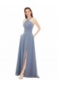 Staubiges Blau A-Linien Neckholder Stehkragen Ausschnitt Chiffon Lange Brautjungfernkleider Lieferanten