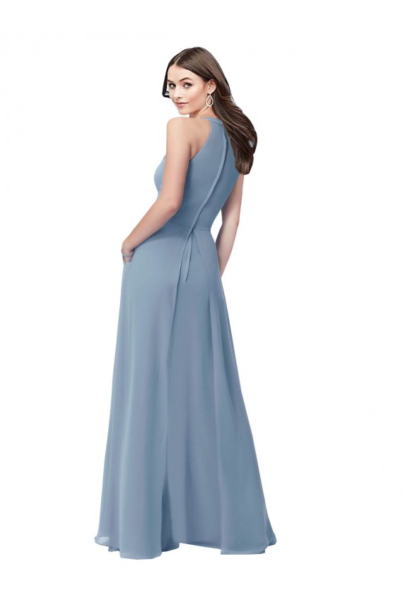 Staubiges Blau A-Linien Neckholder Stehkragen Ausschnitt Chiffon Lange Brautjungfernkleider Lieferanten