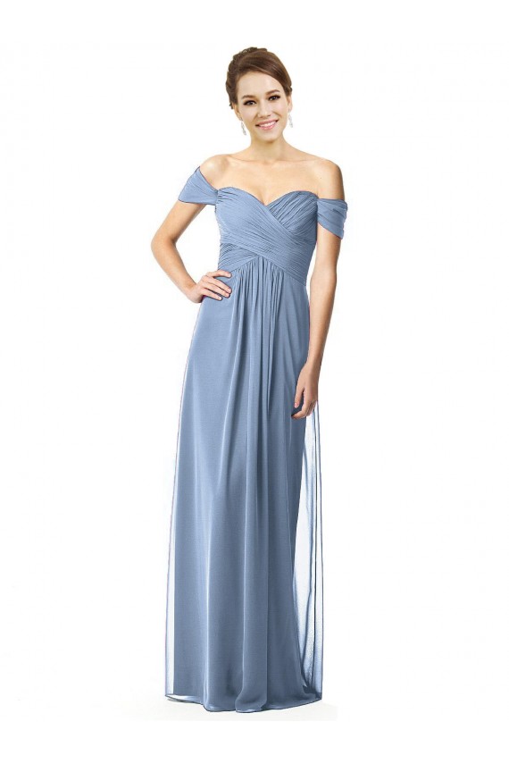Staubiges Blau A-Linien Off-Schulter Chiffon Lange Brautjungfernkleider Lieferanten