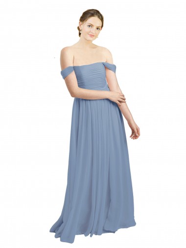 Staubiges Blau A-Linien Off-Schulter Chiffon Lange Brautjungfernkleider Lieferanten