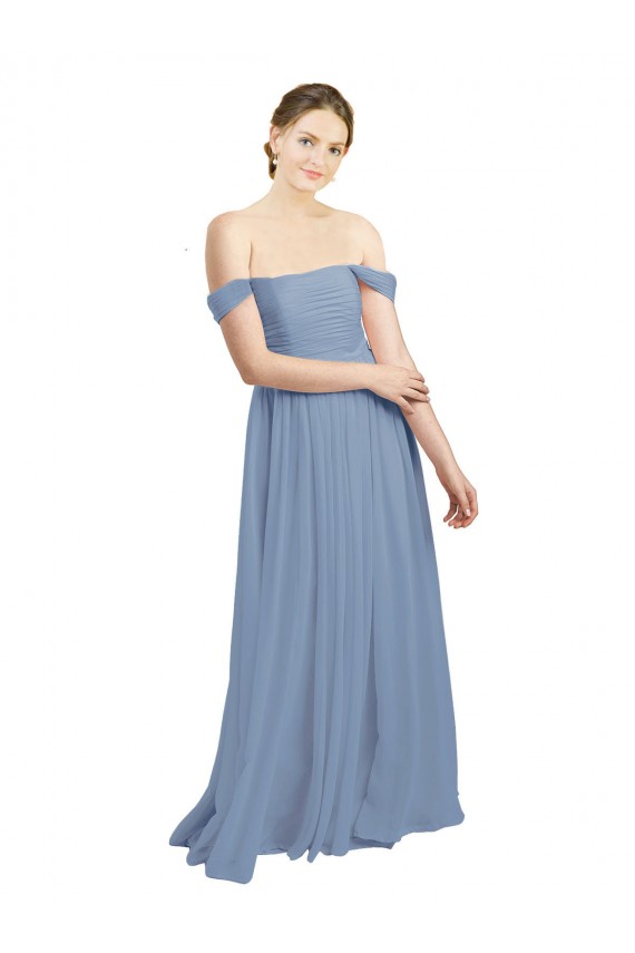 Staubiges Blau A-Linien Off-Schulter Chiffon Lange Brautjungfernkleider Lieferanten