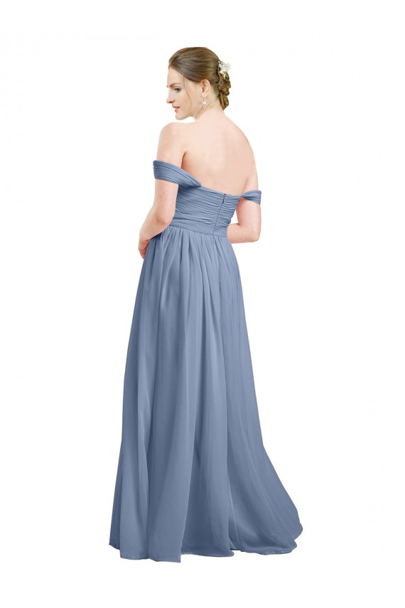 Staubiges Blau A-Linien Off-Schulter Chiffon Lange Brautjungfernkleider Lieferanten