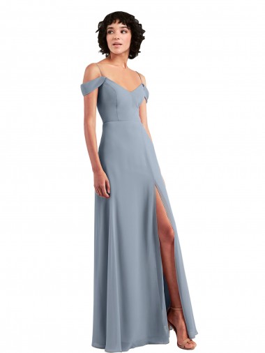Staubiges Blau A-Linien Off-Schulter Spaghetti-Träger Chiffon Lange Brautjungfernkleider Lieferanten