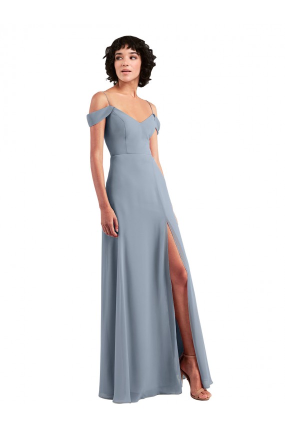 Staubiges Blau A-Linien Off-Schulter Spaghetti-Träger Chiffon Lange Brautjungfernkleider Lieferanten
