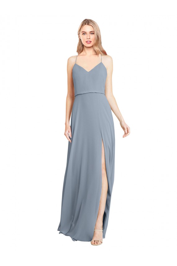Staubiges Blau A-Linien Off-Schulter Spaghetti-Träger Chiffon Lange Brautjungfernkleider Lieferanten