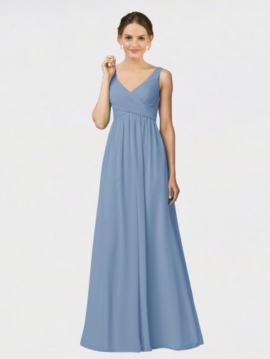 Staubiges Blau A-Linien Spaghetti-Träger Chiffon Lange Brautjungfernkleider Lieferanten