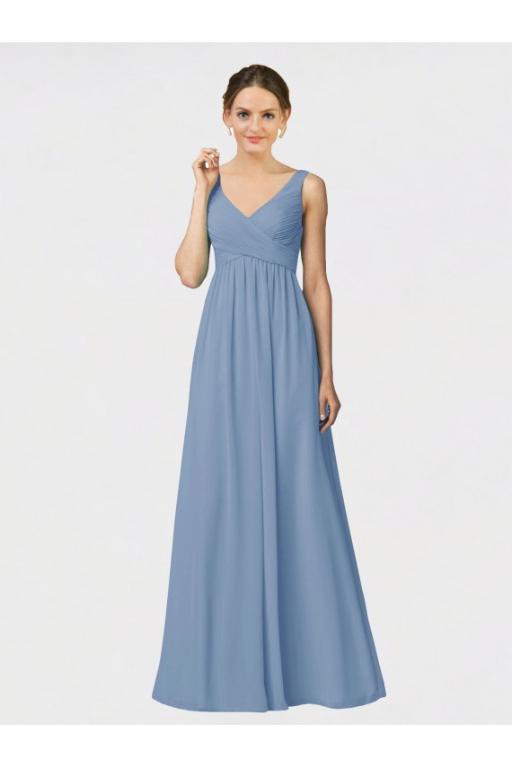 Staubiges Blau A-Linien Spaghetti-Träger Chiffon Lange Brautjungfernkleider Lieferanten