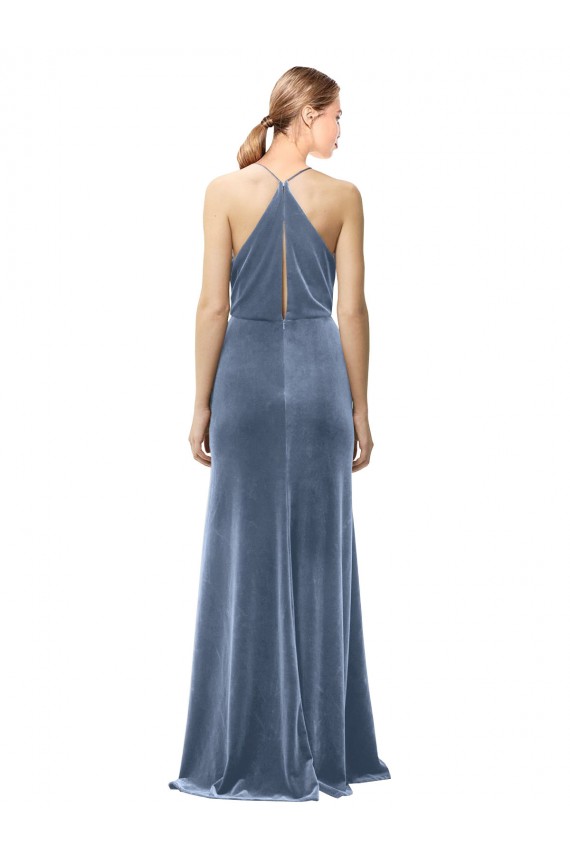 Staubiges Blau A-Linien Spaghetti-Träger Neckholder Haube Ausschnitt Stretch-Samt Lange Brautjungfernkleider / Abiballkleider Lieferanten