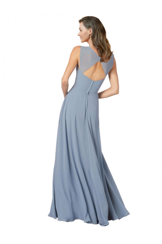Staubiges Blau A-Linien Spaghetti-Träger V-Ausschnitt Chiffon Lange Brautjungfernkleider Lieferanten