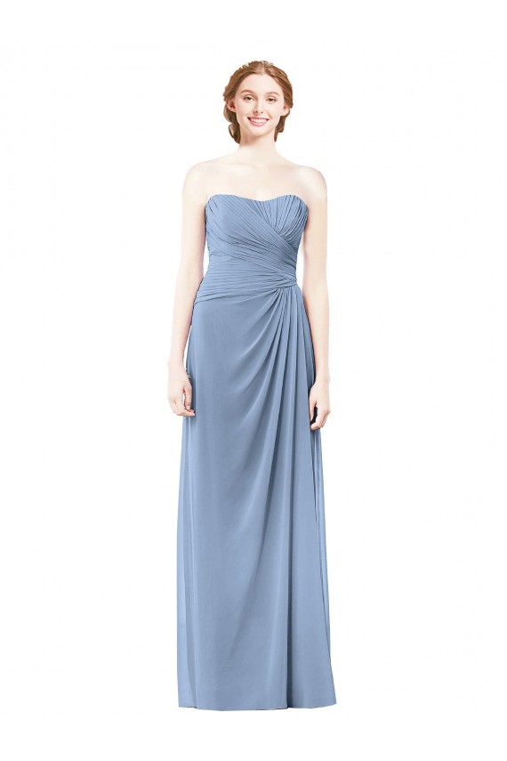 Staubiges Blau A-Linien Trägerlos Chiffon Lange Brautjungfernkleider Lieferanten