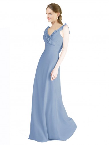 Staubiges Blau A-Linien V-Ausschnitt Chiffon Lange Brautjungfernkleider Lieferanten