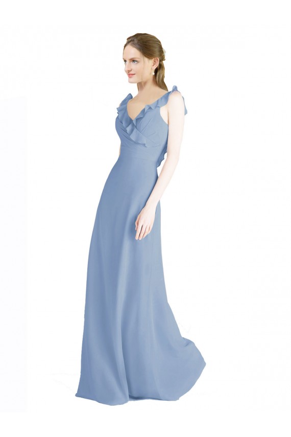 Staubiges Blau A-Linien V-Ausschnitt Chiffon Lange Brautjungfernkleider Lieferanten