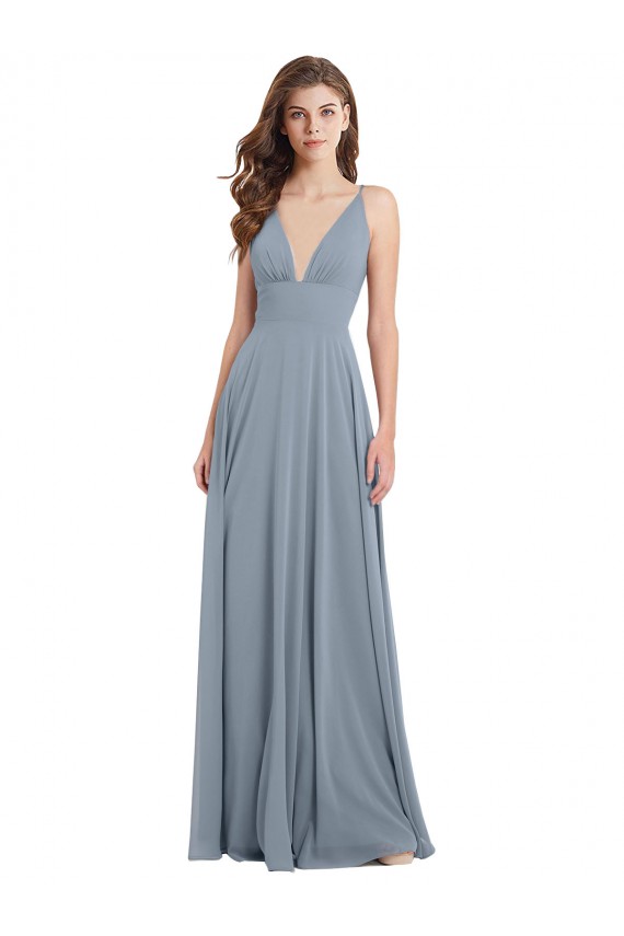 Staubiges Blau A-Linien V-Ausschnitt Chiffon Lange Brautjungfernkleider Lieferanten