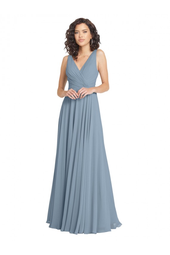 Staubiges Blau A-Linien V-Ausschnitt Chiffon Lange Brautjungfernkleider Lieferanten