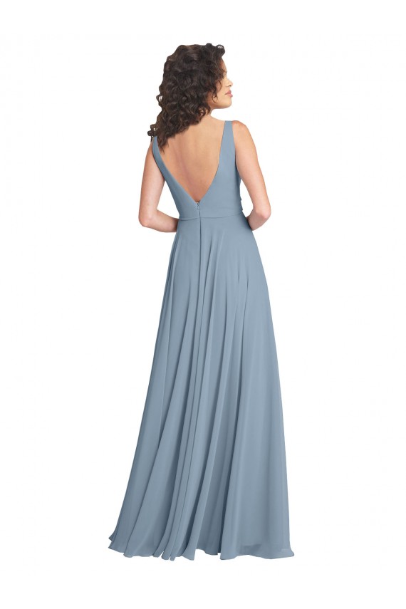 Staubiges Blau A-Linien V-Ausschnitt Chiffon Lange Brautjungfernkleider Lieferanten