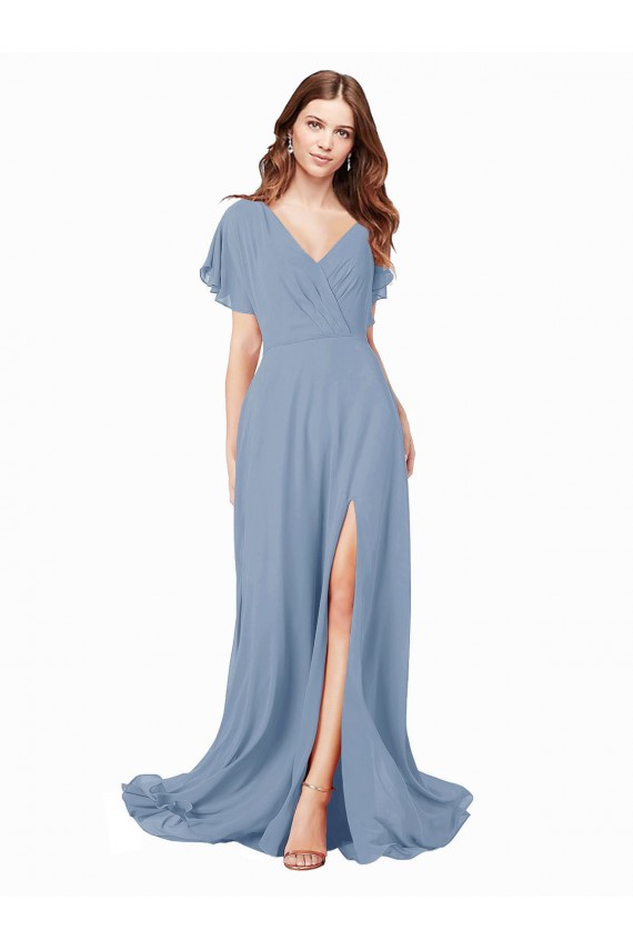 Staubiges Blau A-Linien V-Ausschnitt Chiffon Lange Brautjungfernkleider / Abiballkleider Lieferanten