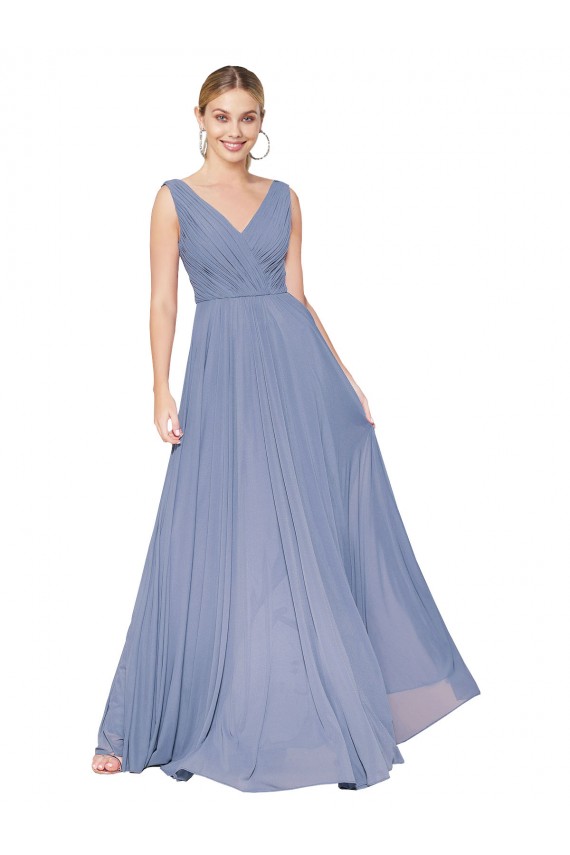 Staubiges Blau A-Linien V-Ausschnitt Chiffon Lange Formale Brautjungfernkleider / Abendkleider / Abiballkleider Lieferanten