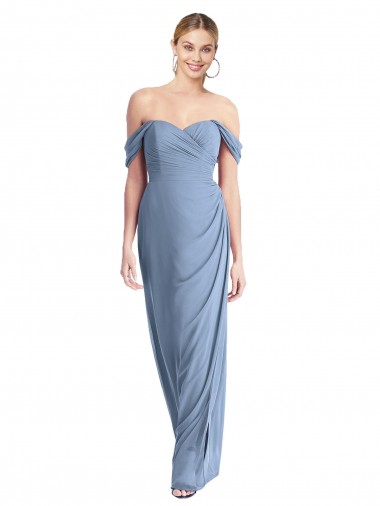 Staubiges Blau Meerjungfrau Off-Schulter Chiffon Lange Brautjungfernkleider Lieferanten