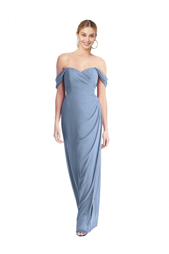 Staubiges Blau Meerjungfrau Off-Schulter Chiffon Lange Brautjungfernkleider Lieferanten