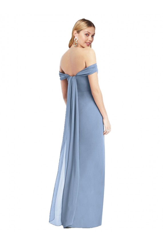 Staubiges Blau Meerjungfrau Off-Schulter Chiffon Lange Brautjungfernkleider Lieferanten