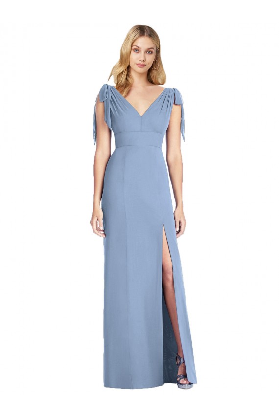 Staubiges Blau Meerjungfrau V-Ausschnitt Chiffon Lange Brautjungfernkleider Lieferanten