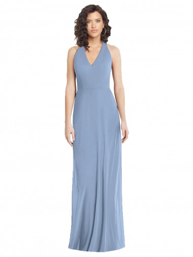 Staubiges Blau Trompete Neckholder V-Ausschnitt Chiffon Lange Formale Brautjungfernkleider / Abendkleider Lieferanten