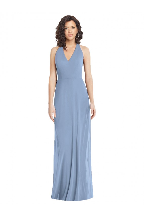 Staubiges Blau Trompete Neckholder V-Ausschnitt Chiffon Lange Formale Brautjungfernkleider / Abendkleider Lieferanten