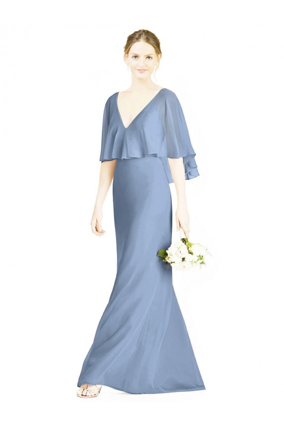 Staubiges Blau Trompete V-Ausschnitt Chiffon Lange Brautjungfernkleider Lieferanten