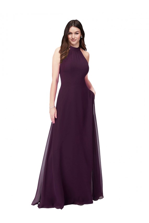 Traube A-Linien Neckholder Stehkragen Ausschnitt Chiffon Lange Brautjungfernkleider Lieferanten