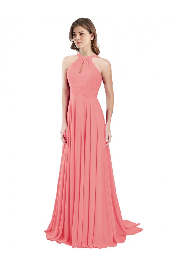 Wassermelone A-Linien Neckholder Chiffon Lange Brautjungfernkleider Lieferanten