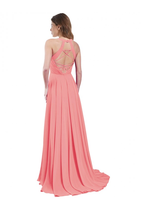 Wassermelone A-Linien Neckholder Chiffon Lange Brautjungfernkleider Lieferanten