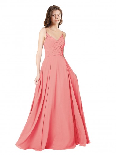 Wassermelone A-Linien V-Ausschnitt Chiffon Lange Brautjungfernkleider Lieferanten