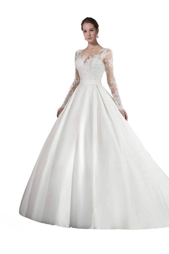 Weiß A-Linien Illusion Ausschnitt Kathedrale Schleppe Satin Spitze Brautkleider Lieferanten