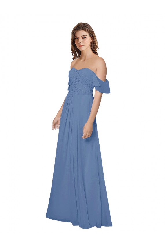 Windsor Blau A-Linien Off-Schulter Trägerlos Chiffon Lange Brautjungfernkleider Lieferanten