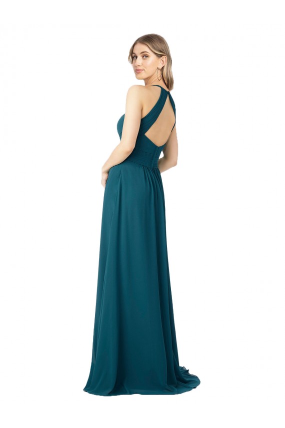 Windsor Blau A-Linien Stehkragen Ausschnitt Chiffon Lange Brautjungfernkleider Lieferanten